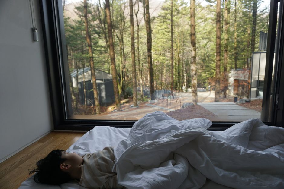 편안하게 숙면을 취하는 사람의 모습, 숲 속 같은 자연적인 녹색 톤의 침실.