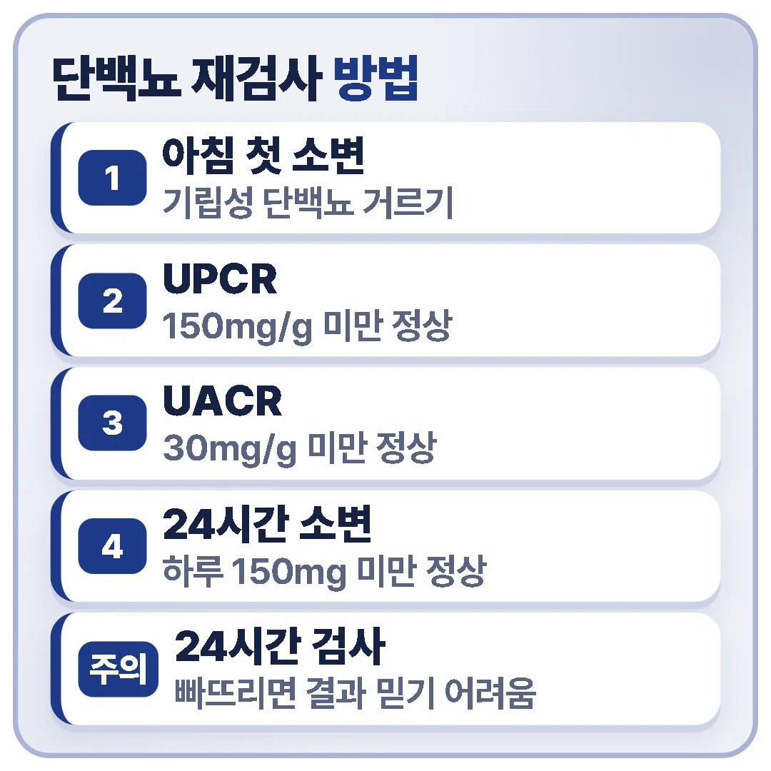 단백뇨 재검사는 아침 첫 소변 시험지 검사, UPCR, UACR, 24시간 소변 검사로 하며 24시간 검사는 한 번만 빠뜨려도 결과를 믿기 어렵다는 내용