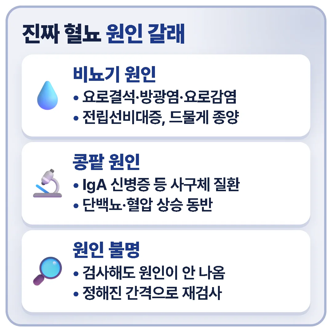 진짜 혈뇨의 원인은 요로에서 피가 나는 비뇨기 원인과 사구체에서 새는 콩팥 원인으로 나뉘고, 원인 불명이어도 정해진 간격으로 소변검사를 다시 받으며 지켜봅니다.