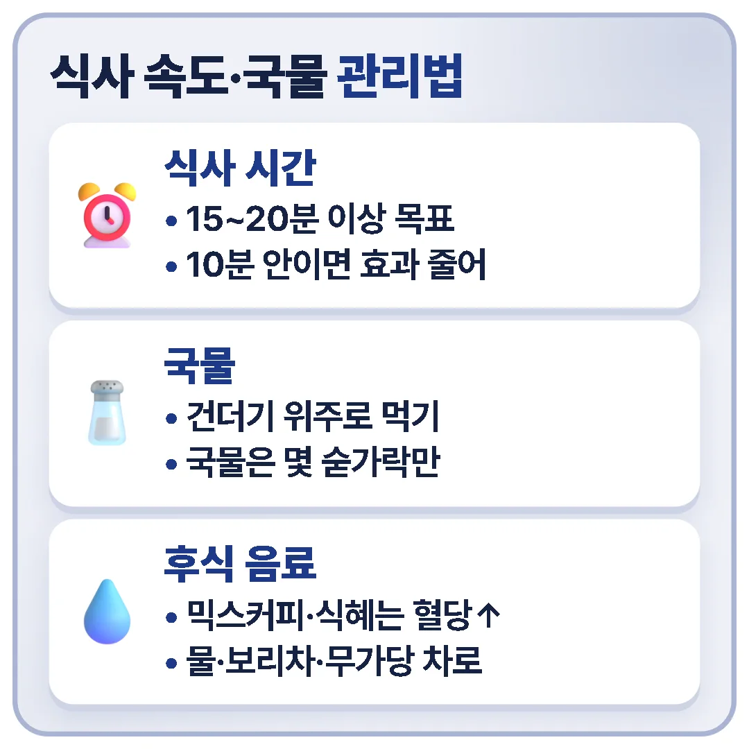 식사 시간은 15~20분 이상으로 잡고, 국물은 건더기 위주로 몇 숟가락만 먹으며, 후식 음료는 믹스커피·과일주스·식혜 대신 물이나 보리차, 무가당 차로 바꿉니다.